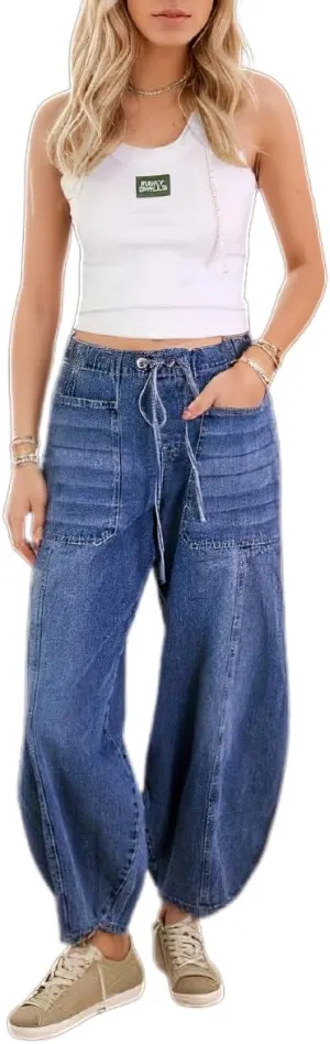 Akivide Women's Elastic High Waisted Harem Jeans Boyfriend Baggy Casual Loose Denim Pants with Pockets