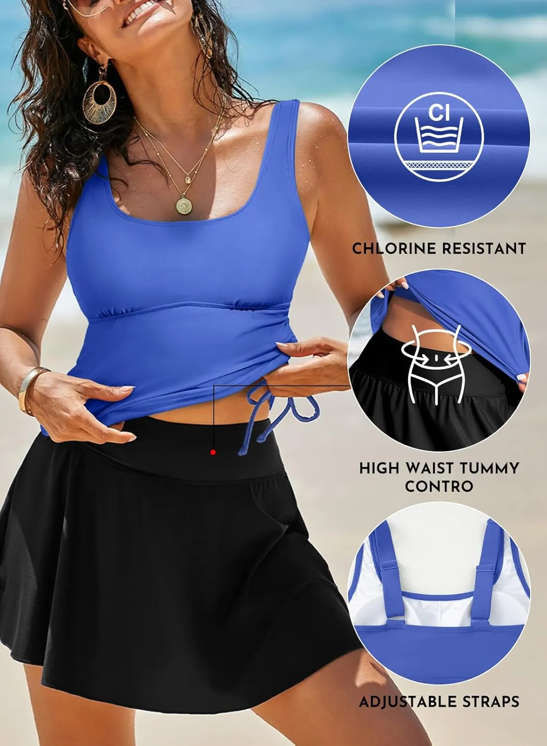 Aleumdr Tankini Swimsuits for Women Swim Dress Two Piece Bathing Suit Square Neck Drawstring Tankini Tops with Skirt