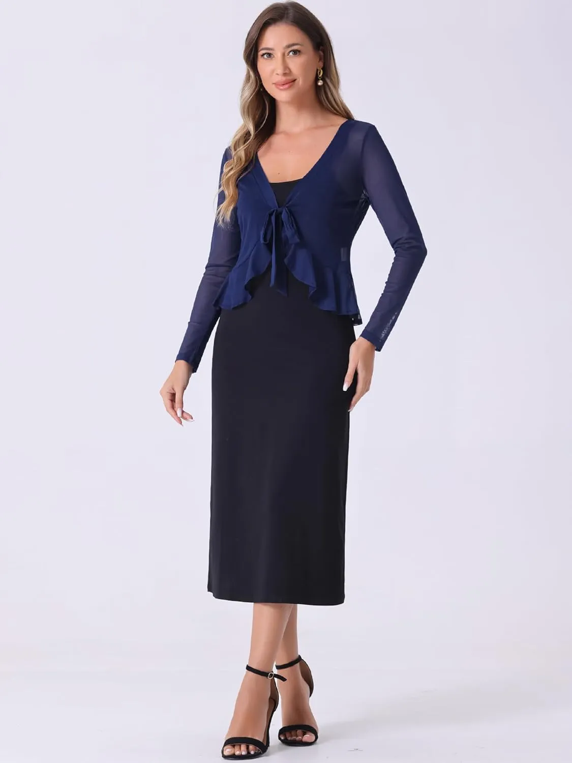 Allegra K Ruffle Mesh Shrug for Women's Long Sleeves Self Tie Casual Bolero Cardigan