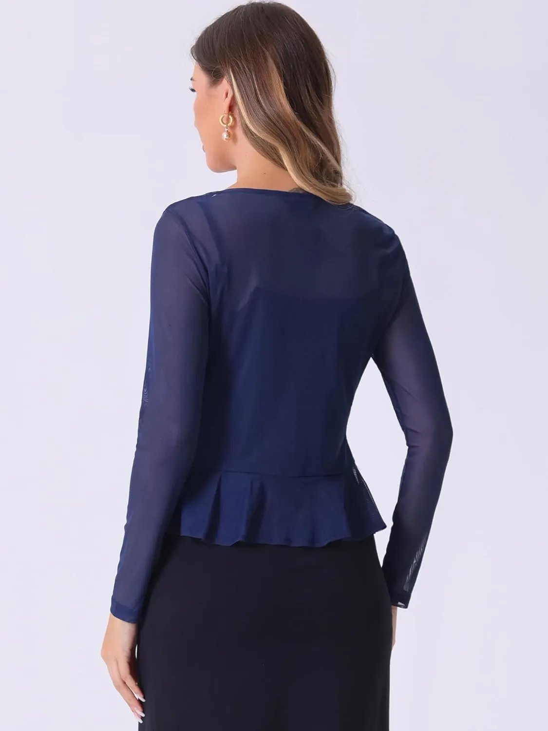 Allegra K Ruffle Mesh Shrug for Women's Long Sleeves Self Tie Casual Bolero Cardigan