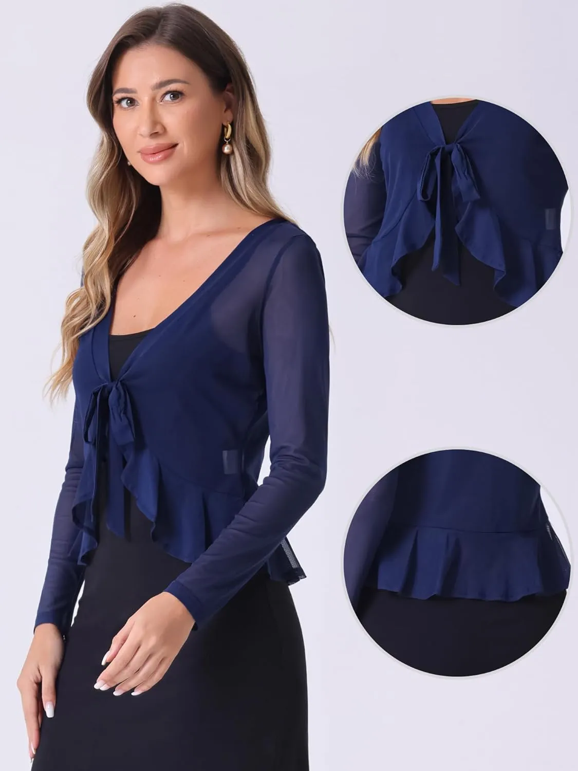 Allegra K Ruffle Mesh Shrug for Women's Long Sleeves Self Tie Casual Bolero Cardigan