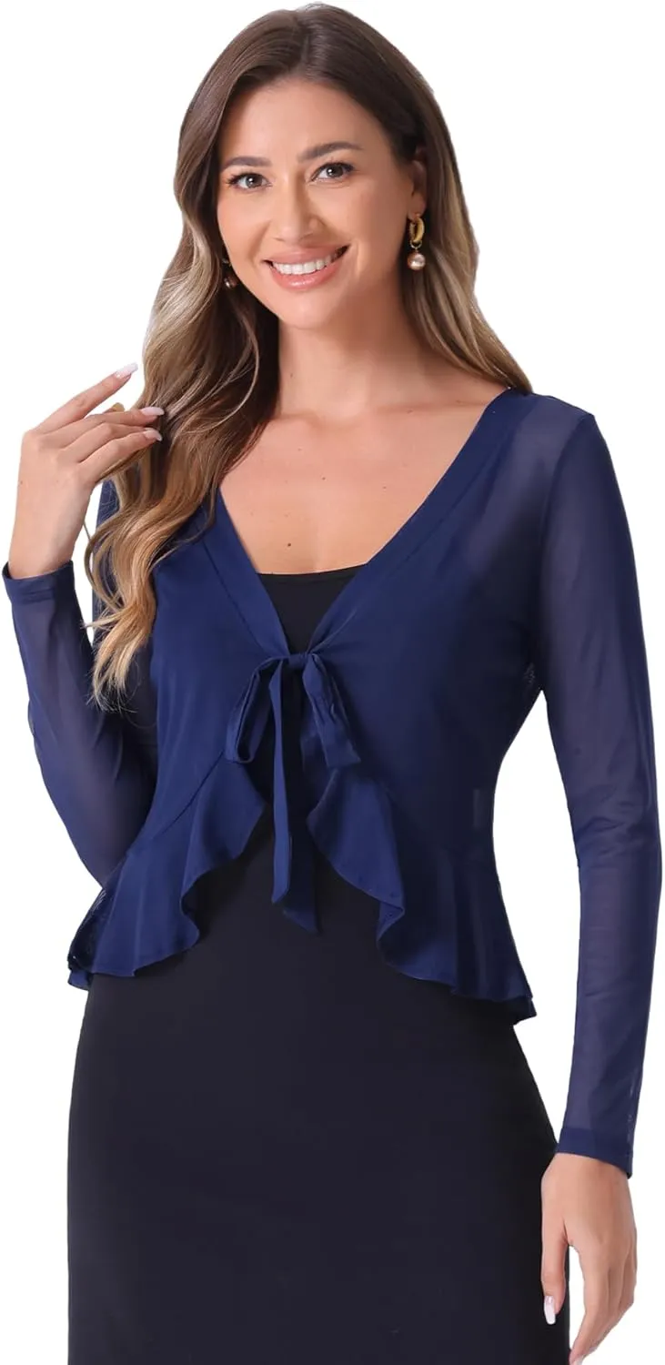 Allegra K Ruffle Mesh Shrug for Women's Long Sleeves Self Tie Casual Bolero Cardigan