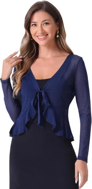 Allegra K Ruffle Mesh Shrug for Women's Long Sleeves Self Tie Casual Bolero Cardigan