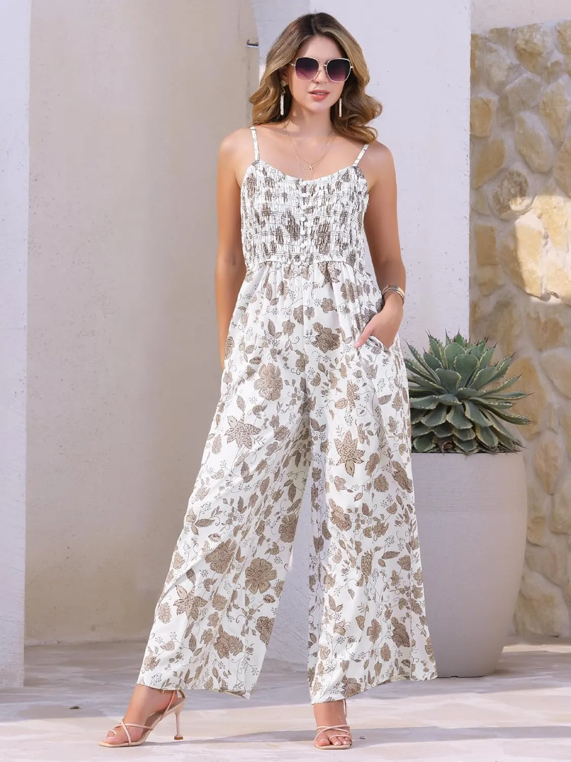 Allegra K Women's Summer Casual Floral Jumpsuit Sleeveless Smocked Wide Leg Pants Boho Romper Overalls