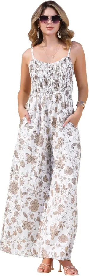 Allegra K Women's Summer Casual Floral Jumpsuit Sleeveless Smocked Wide Leg Pants Boho Romper Overalls