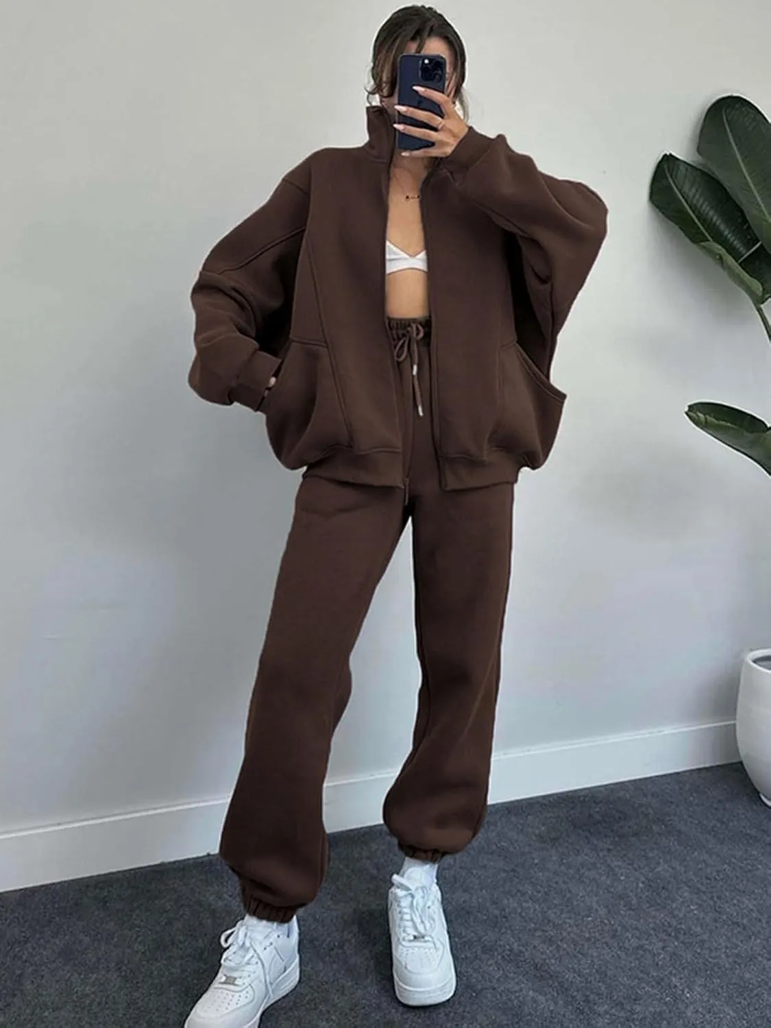 Alunzoem Sweatsuits for Women Set 2 Piece Outfits Long Sleeve Zip Up Jacket Oversized Sweatshirt Jogger Sweatpants Tracksuit