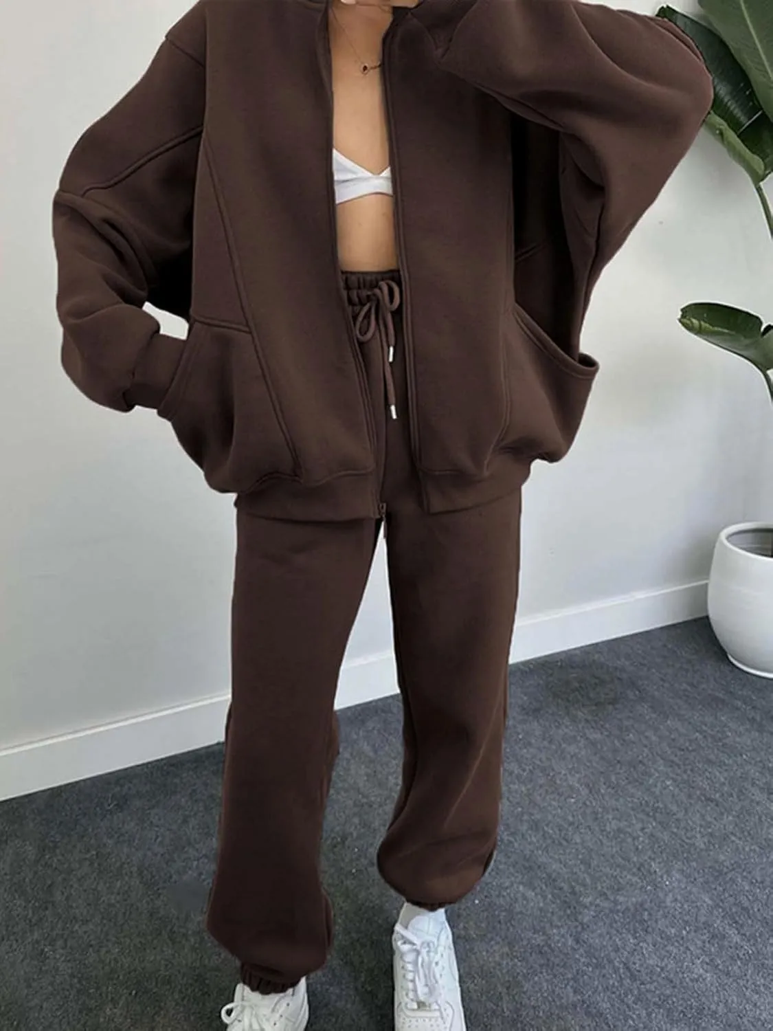Alunzoem Sweatsuits for Women Set 2 Piece Outfits Long Sleeve Zip Up Jacket Oversized Sweatshirt Jogger Sweatpants Tracksuit