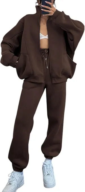 Alunzoem Sweatsuits for Women Set 2 Piece Outfits Long Sleeve Zip Up Jacket Oversized Sweatshirt Jogger Sweatpants Tracksuit