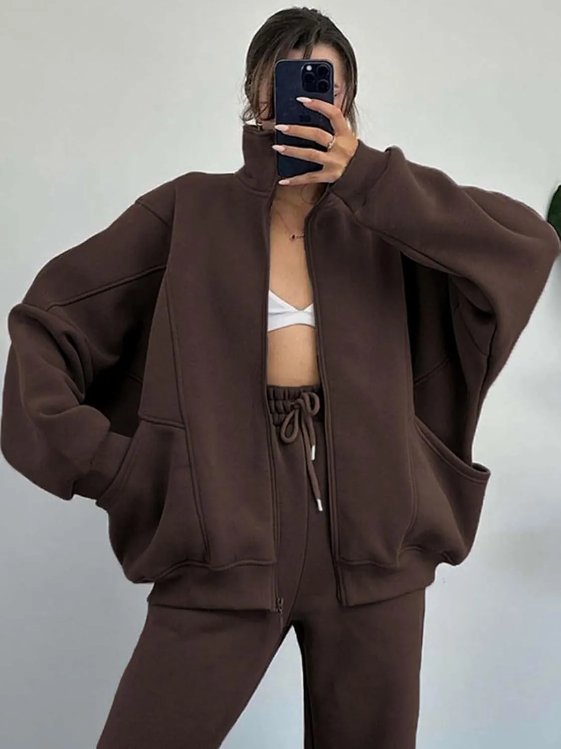 Alunzoem Sweatsuits for Women Set 2 Piece Outfits Long Sleeve Zip Up Jacket Oversized Sweatshirt Jogger Sweatpants Tracksuit