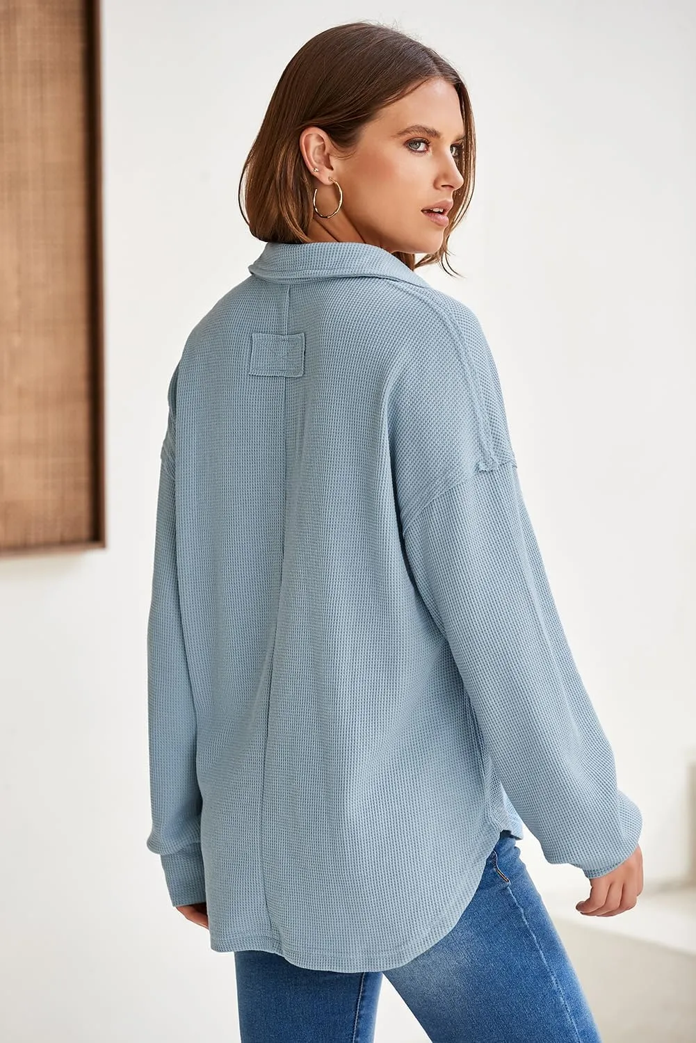 AlvaQ Womens Oversized Sweatshirt Loose V Neck Long Sleeve Lapel Collared Waffle Knit High Low Pullover Tops
