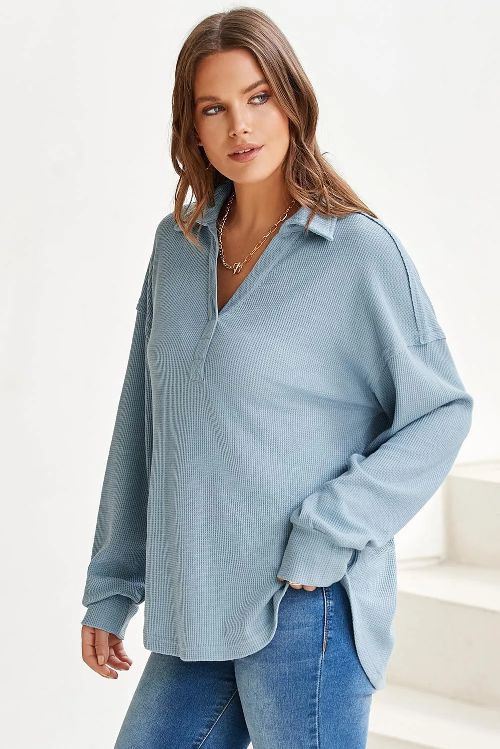 AlvaQ Womens Oversized Sweatshirt Loose V Neck Long Sleeve Lapel Collared Waffle Knit High Low Pullover Tops
