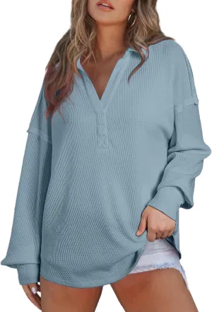 AlvaQ Womens Oversized Sweatshirt Loose V Neck Long Sleeve Lapel Collared Waffle Knit High Low Pullover Tops