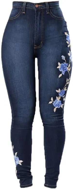Andongnywell Women's Floral High Waist Stretch Jeans Trousers Ladies Embroidered Printed Skinny Denim Pants