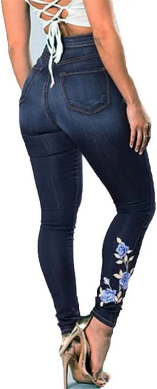 Andongnywell Women's Floral High Waist Stretch Jeans Trousers Ladies Embroidered Printed Skinny Denim Pants