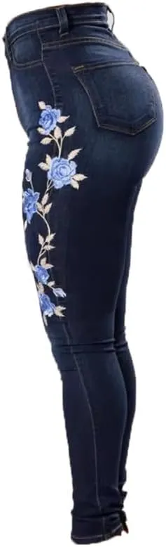 Andongnywell Women's Floral High Waist Stretch Jeans Trousers Ladies Embroidered Printed Skinny Denim Pants