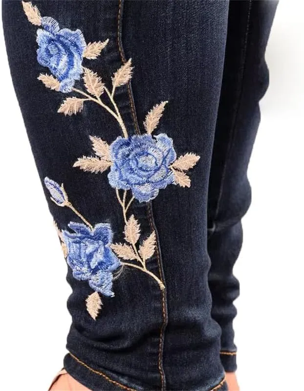 Andongnywell Women's Floral High Waist Stretch Jeans Trousers Ladies Embroidered Printed Skinny Denim Pants