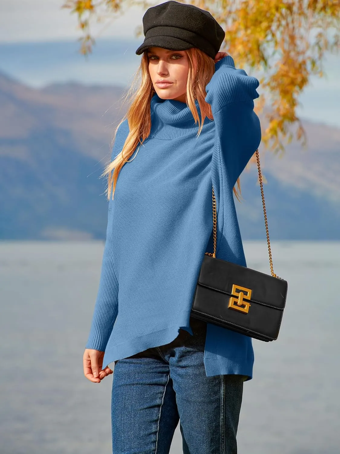 ANRABESS Women's Oversized Turtleneck Batwing Sleeve Spilt Casual Loose Knit Tunic Pullover Sweater Tops 2025 Fall Outfits