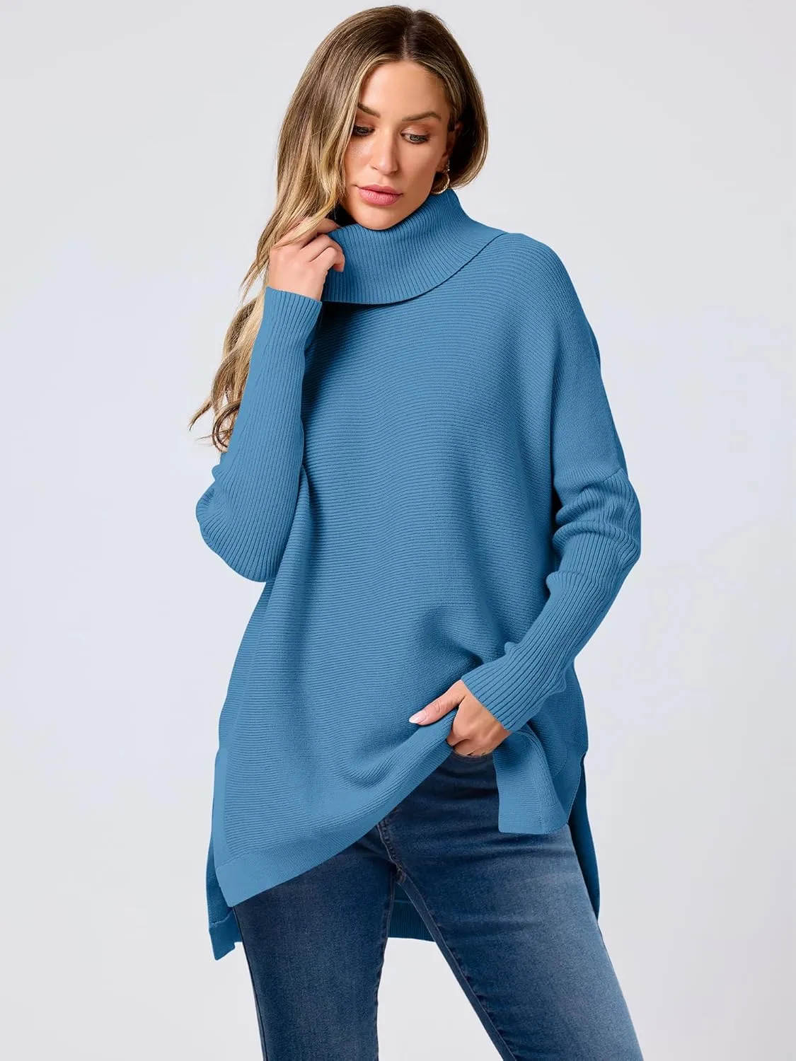 ANRABESS Women's Oversized Turtleneck Batwing Sleeve Spilt Casual Loose Knit Tunic Pullover Sweater Tops 2025 Fall Outfits