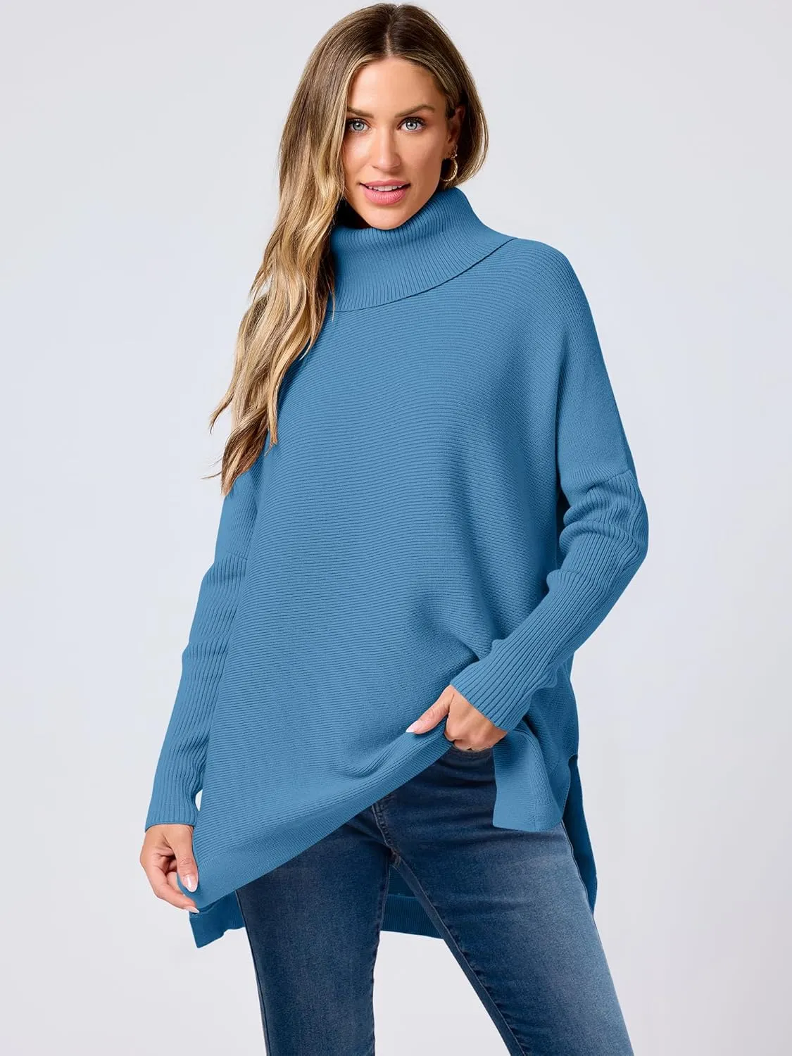 ANRABESS Women's Oversized Turtleneck Batwing Sleeve Spilt Casual Loose Knit Tunic Pullover Sweater Tops 2025 Fall Outfits