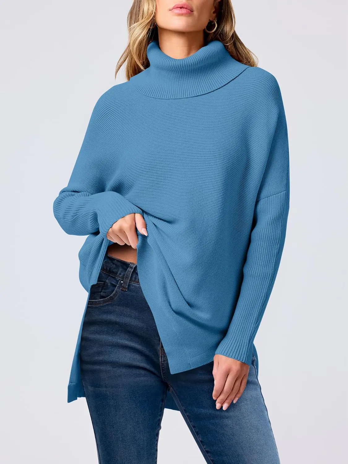 ANRABESS Women's Oversized Turtleneck Batwing Sleeve Spilt Casual Loose Knit Tunic Pullover Sweater Tops 2025 Fall Outfits
