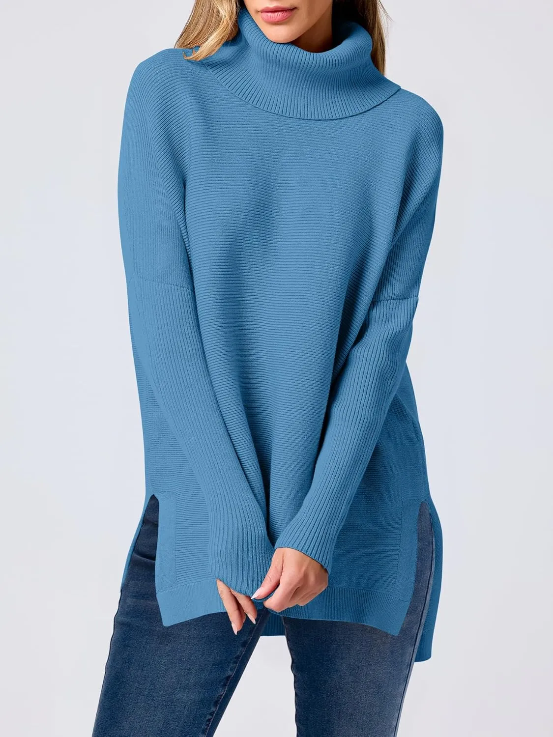 ANRABESS Women's Oversized Turtleneck Batwing Sleeve Spilt Casual Loose Knit Tunic Pullover Sweater Tops 2025 Fall Outfits