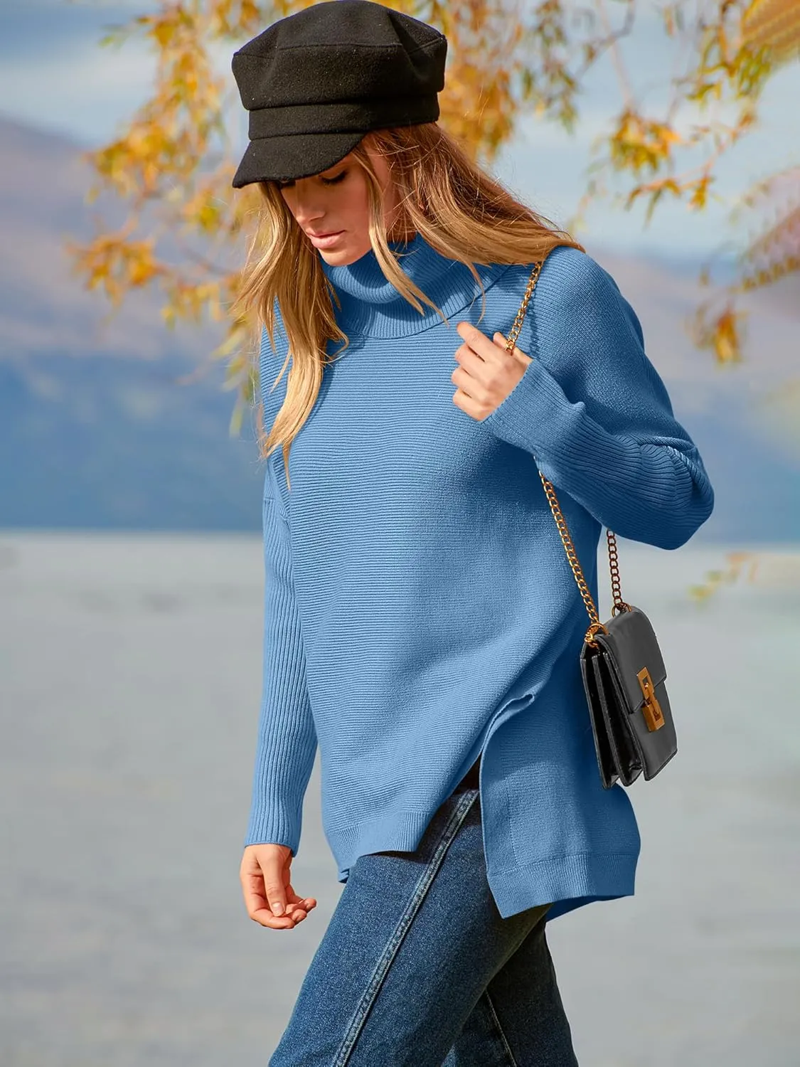 ANRABESS Women's Oversized Turtleneck Batwing Sleeve Spilt Casual Loose Knit Tunic Pullover Sweater Tops 2025 Fall Outfits