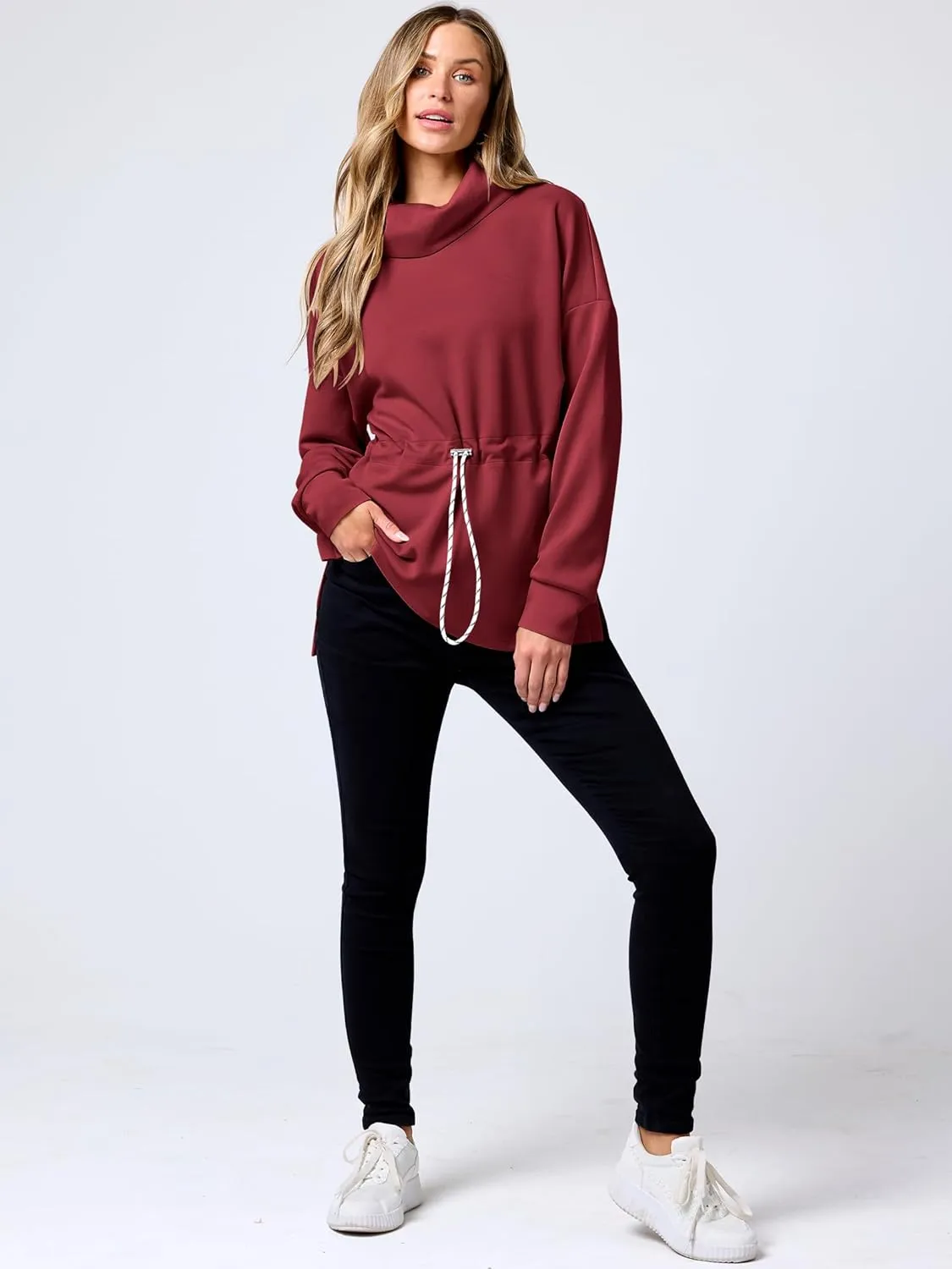 ANRABESS Womens Turtleneck Sweatshirts Drawstring Waist Pullover Tops Loose Fit Long Sleeve Hoodies 2024 Fall Preppy Outfits