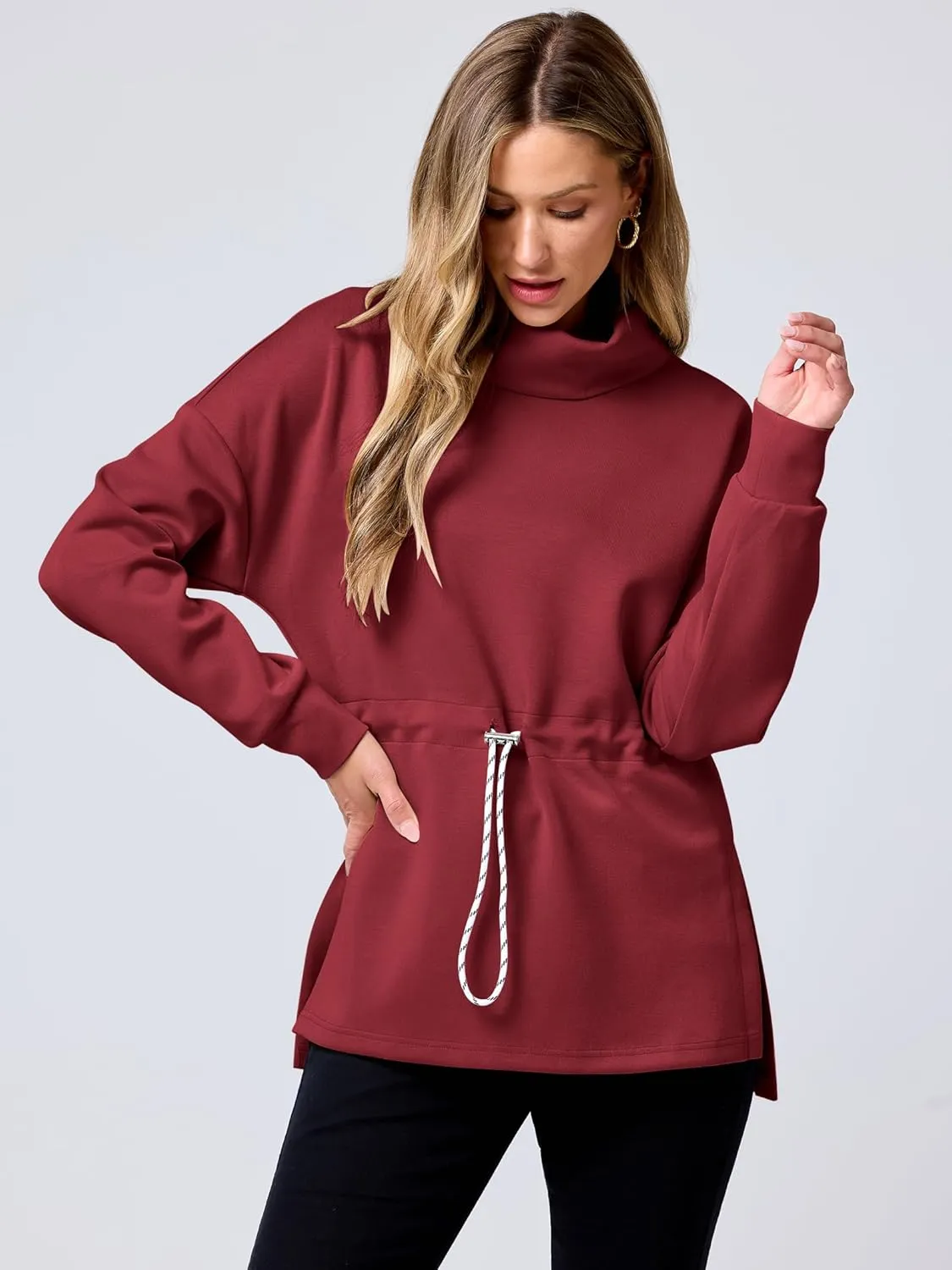 ANRABESS Womens Turtleneck Sweatshirts Drawstring Waist Pullover Tops Loose Fit Long Sleeve Hoodies 2024 Fall Preppy Outfits