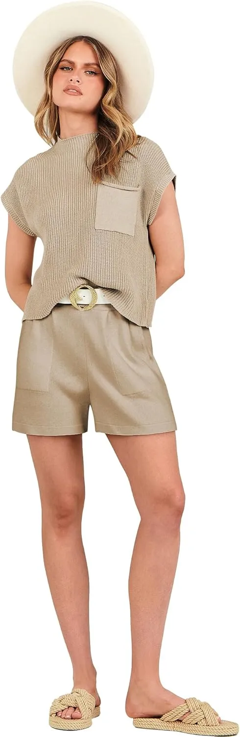 ANRABESS Women's Two Piece Summer Outfits Knit Sweater Short Sets Pullover Tops & Shorts Lounge Matching Clothes Set