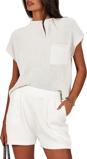ANRABESS Women's Two Piece Summer Outfits Knit Sweater Short Sets Pullover Tops & Shorts Lounge Matching Clothes Set