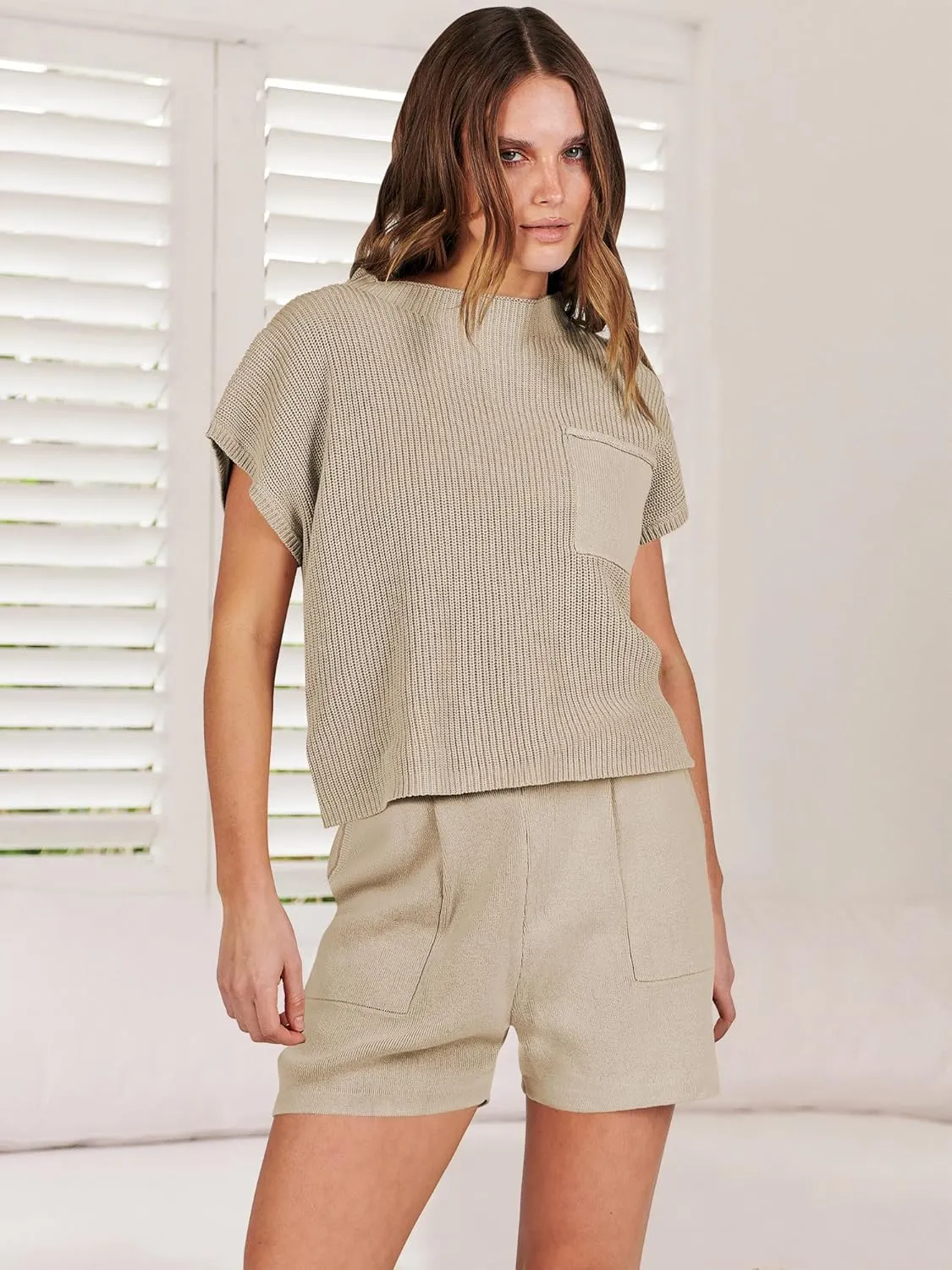 ANRABESS Women's Two Piece Summer Outfits Knit Sweater Short Sets Pullover Tops & Shorts Lounge Matching Clothes Set