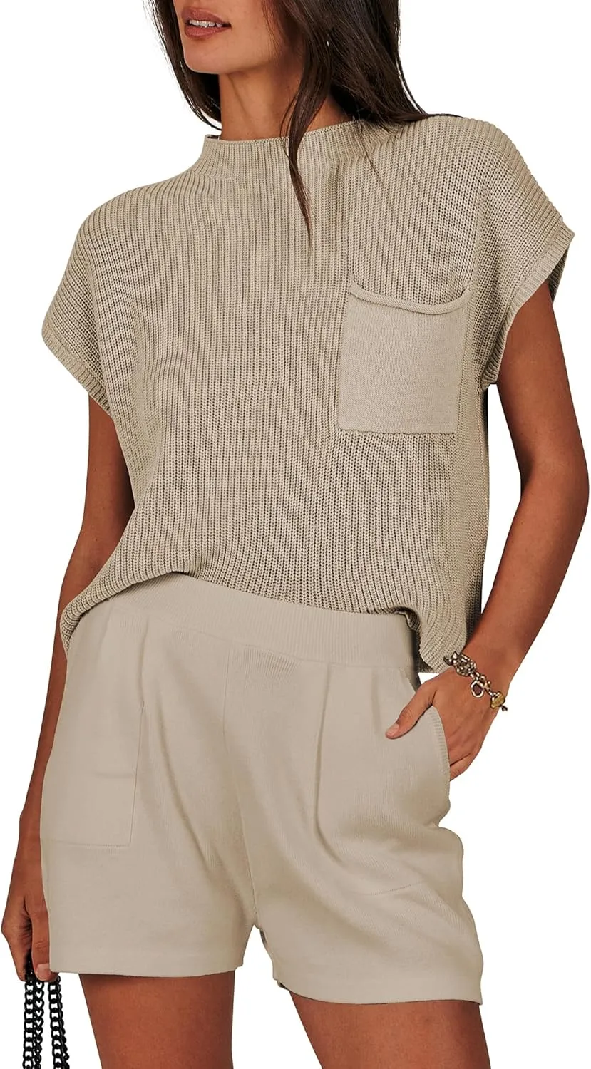 ANRABESS Women's Two Piece Summer Outfits Knit Sweater Short Sets Pullover Tops & Shorts Lounge Matching Clothes Set