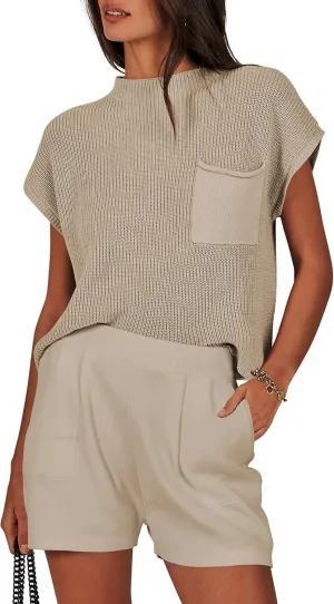 ANRABESS Women's Two Piece Summer Outfits Knit Sweater Short Sets Pullover Tops & Shorts Lounge Matching Clothes Set