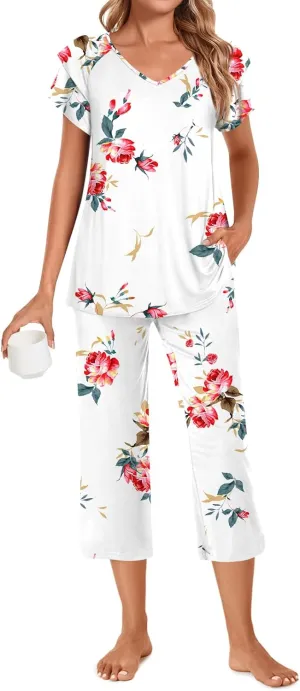 Aodemo Womens Summer Pajama Sets 2 Piece Pjs Lounge Capri Pants Ruffle Short Sleeves Sleepwear with Pockets