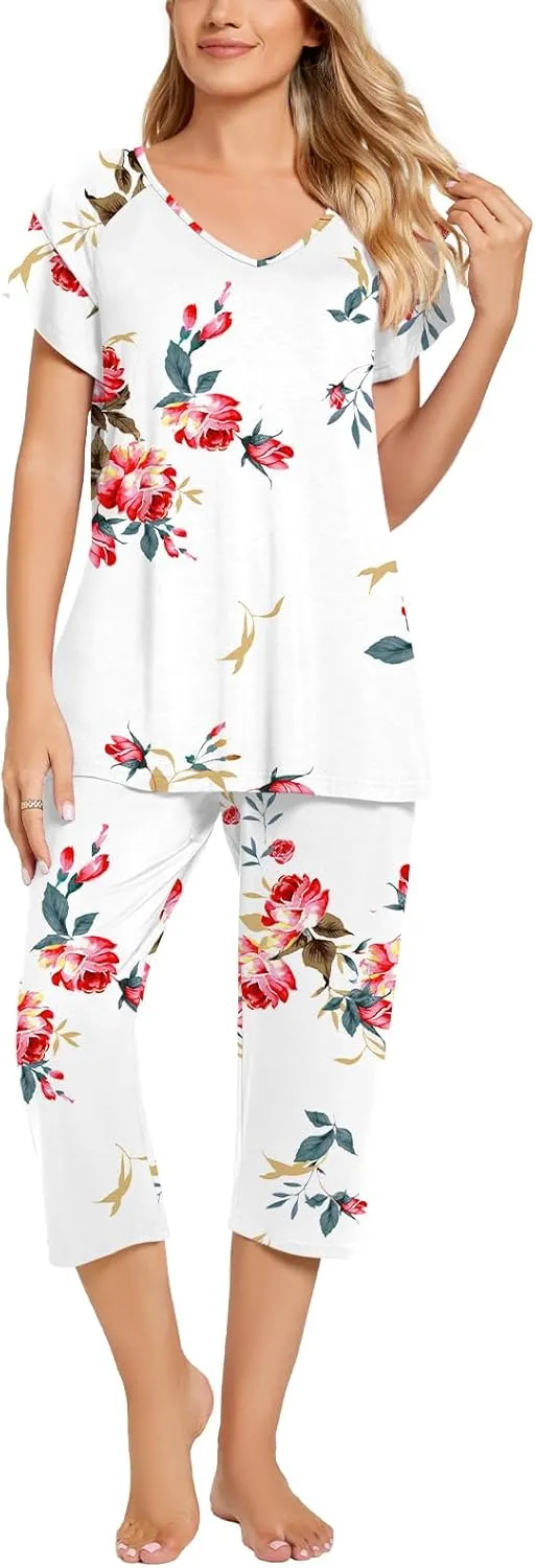 Aodemo Womens Summer Pajama Sets 2 Piece Pjs Lounge Capri Pants Ruffle Short Sleeves Sleepwear with Pockets