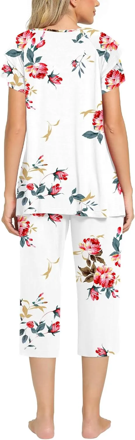 Aodemo Womens Summer Pajama Sets 2 Piece Pjs Lounge Capri Pants Ruffle Short Sleeves Sleepwear with Pockets