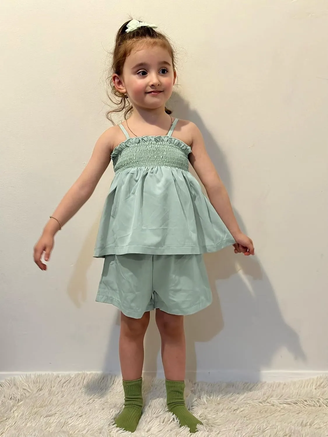 Arshiner Toddler Baby Girls Summer Clothes 2 Piece Outfits Ruffle Hem Camisole & Shorts Set with Pockets Cute Tracksuit 2-8Y