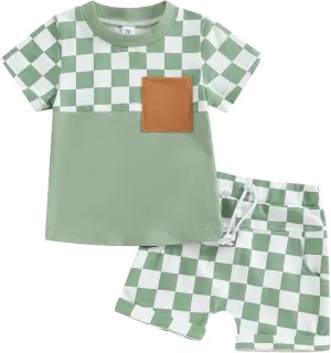 Baby Boy Girl Summer Outfits Checkerboard Short Sleeve T-Shirt Elastic Waist Shorts Set Toddler Checkered Outfit