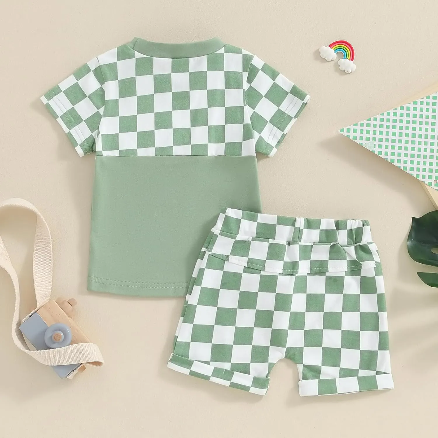 Baby Boy Girl Summer Outfits Checkerboard Short Sleeve T-Shirt Elastic Waist Shorts Set Toddler Checkered Outfit