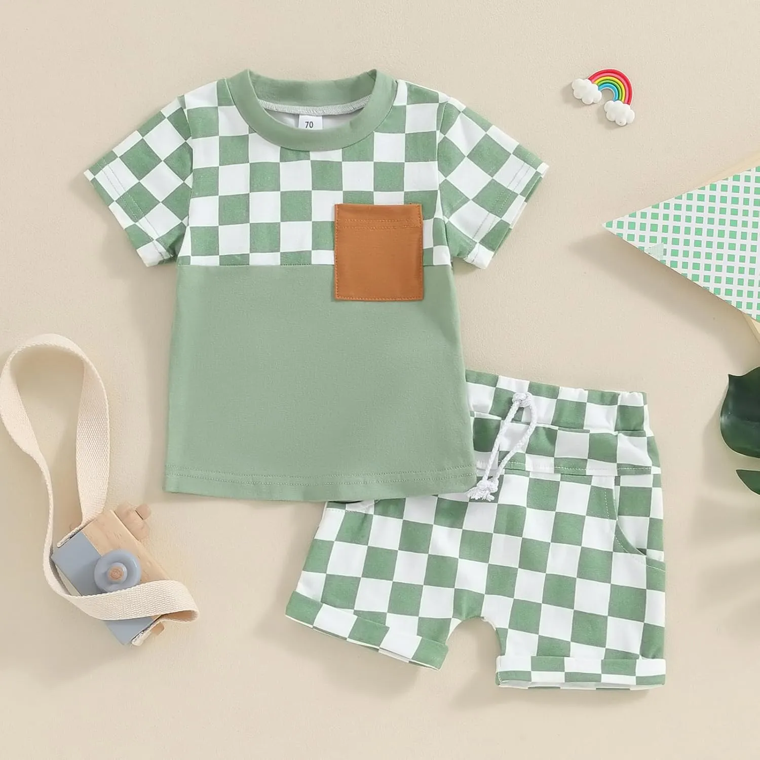 Baby Boy Girl Summer Outfits Checkerboard Short Sleeve T-Shirt Elastic Waist Shorts Set Toddler Checkered Outfit