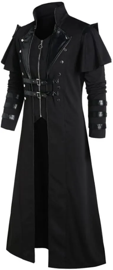 BaronHong Mens Gothic Steampunk Long Trench Coat Jacket Double Breasted Zipper Punk Tops Cosplay Medieval Costume Black
