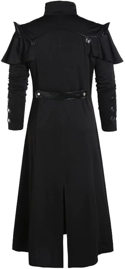 BaronHong Mens Gothic Steampunk Long Trench Coat Jacket Double Breasted Zipper Punk Tops Cosplay Medieval Costume Black