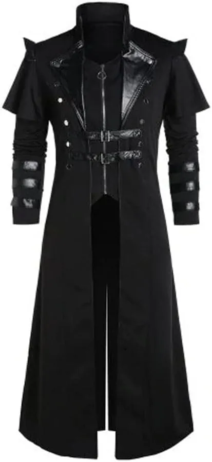 BaronHong Mens Gothic Steampunk Long Trench Coat Jacket Double Breasted Zipper Punk Tops Cosplay Medieval Costume Black
