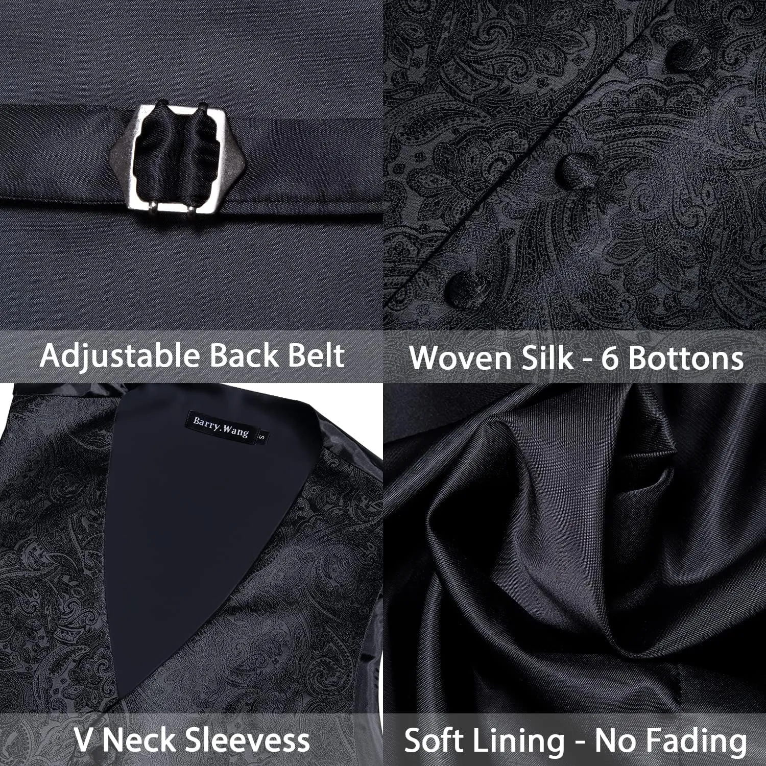 Barry.Wang Mens Suit Vest Paisley/Flower Silk Jacquard Waistcoat Ties Set Formal/Leisure 5PCS