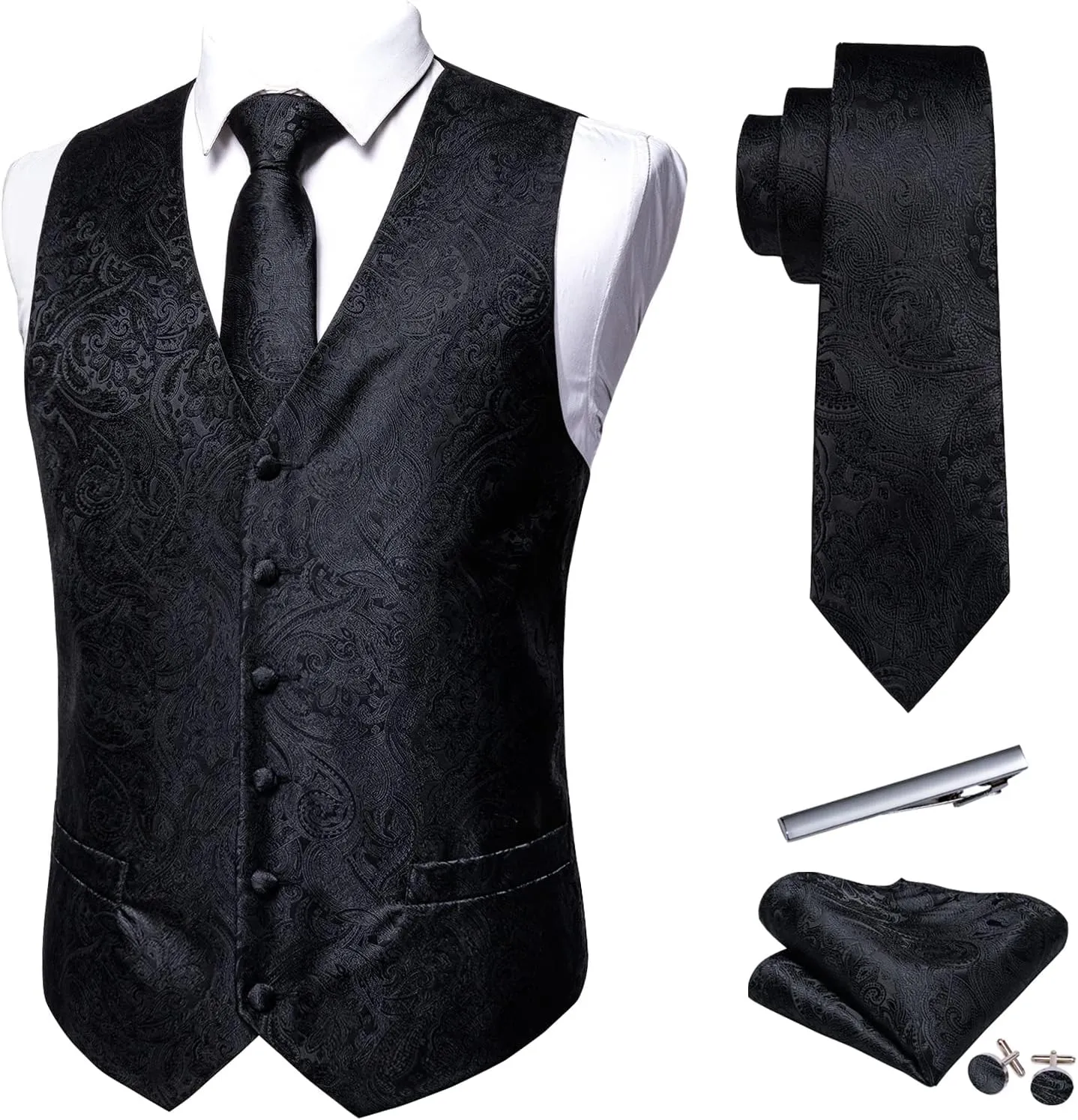 Barry.Wang Mens Suit Vest Paisley/Flower Silk Jacquard Waistcoat Ties Set Formal/Leisure 5PCS