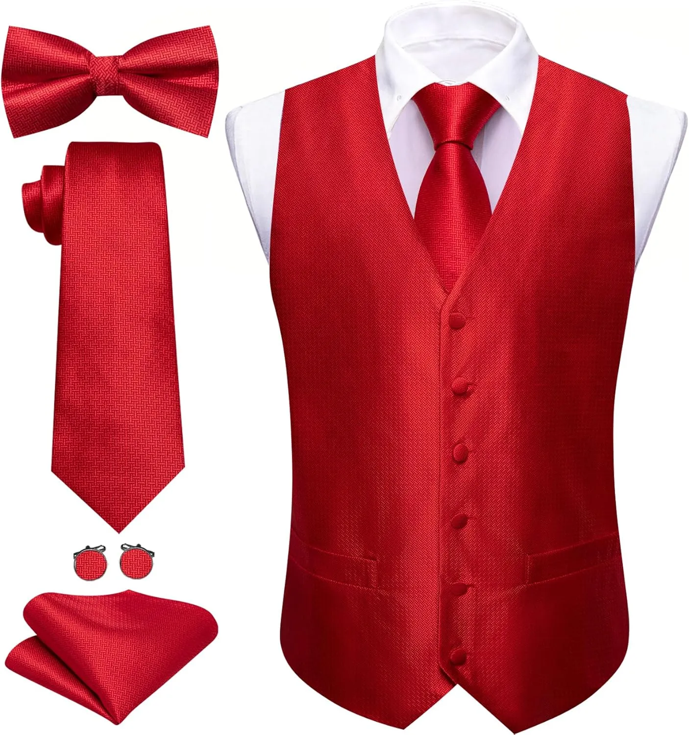 Barry.Wang Men's Suit Vest Tie and Bow Tie Set Formal Solid Paisley Handkerchief Cufflink Woven Wedding Party Waistcoat