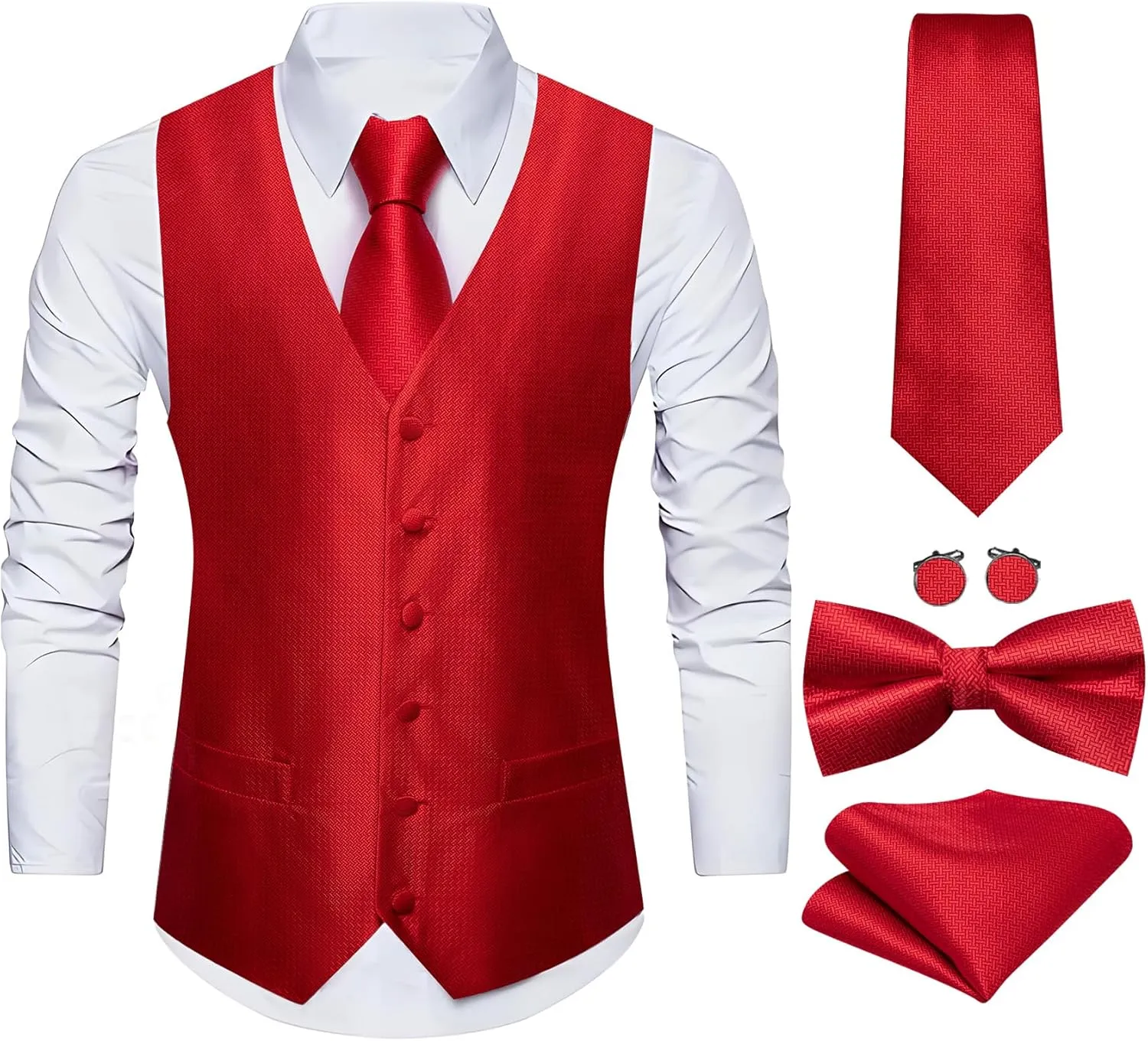 Barry.Wang Men's Suit Vest Tie and Bow Tie Set Formal Solid Paisley Handkerchief Cufflink Woven Wedding Party Waistcoat