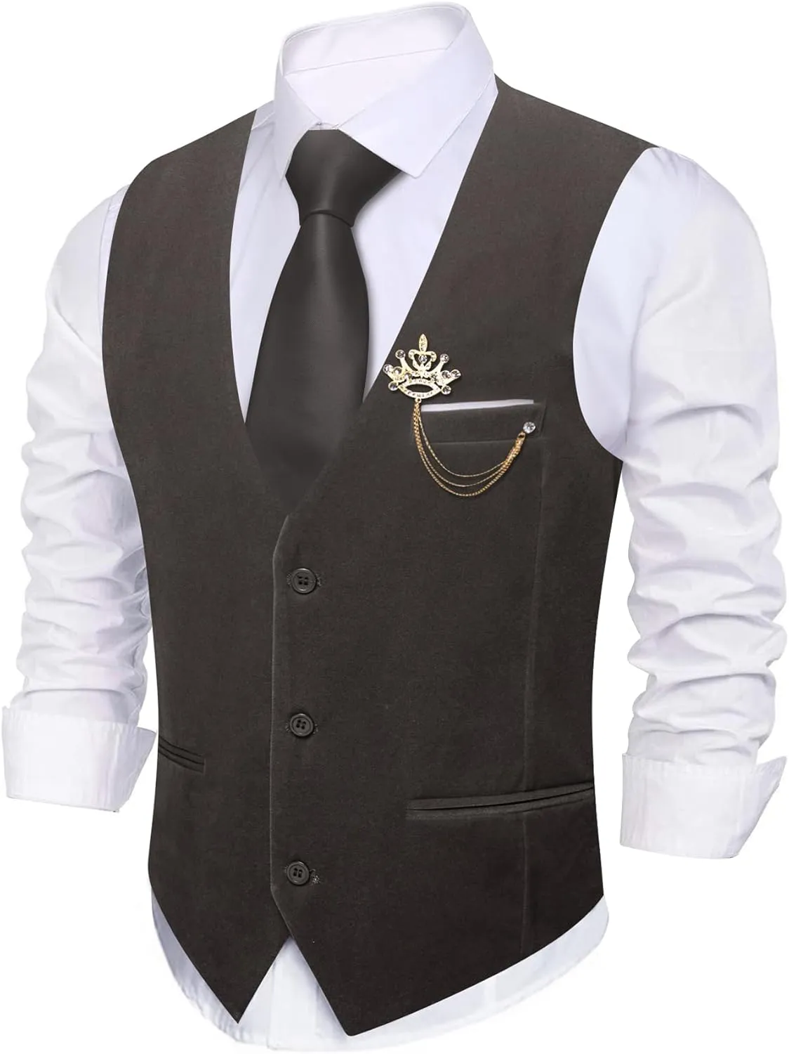 Barry.Wang Mens Velvet Vest V-neck 2 Pockets Gold Brooch Suit Waistcoat Set for Prom Wedding Party Dinner