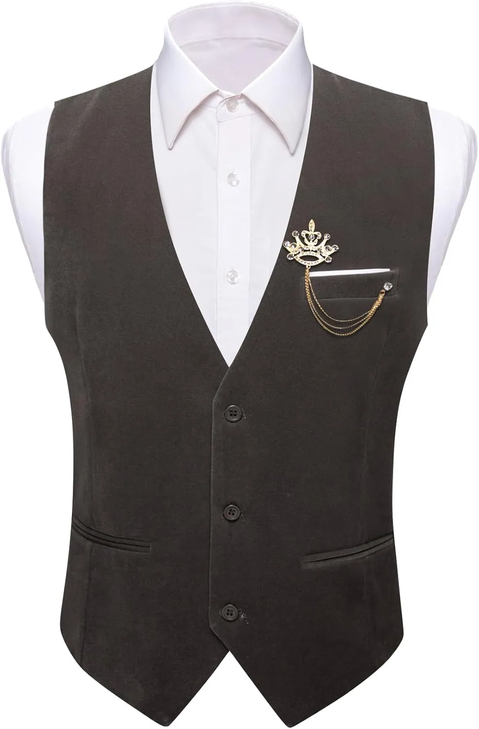 Barry.Wang Mens Velvet Vest V-neck 2 Pockets Gold Brooch Suit Waistcoat Set for Prom Wedding Party Dinner