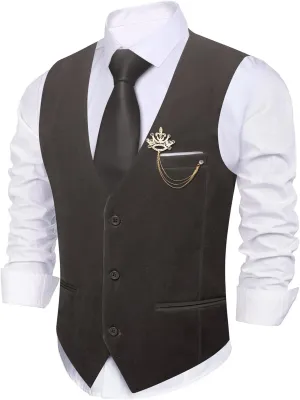 Barry.Wang Mens Velvet Vest V-neck 2 Pockets Gold Brooch Suit Waistcoat Set for Prom Wedding Party Dinner
